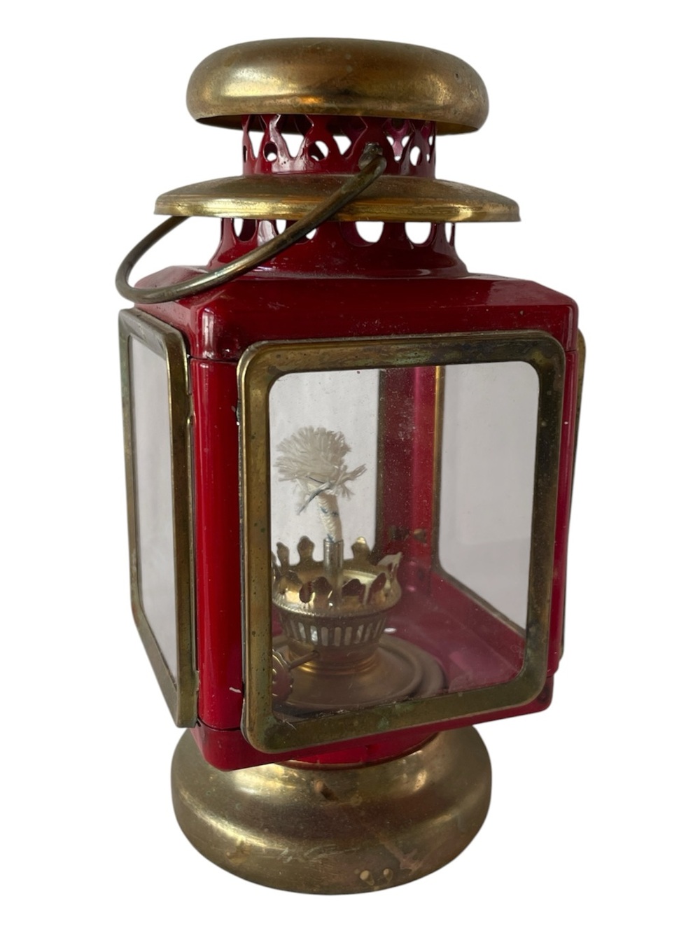 Vintage Red & Brass Decorative Railroad Lantern 1960s Classic Kerosene Oil Lamp